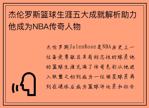 杰伦罗斯篮球生涯五大成就解析助力他成为NBA传奇人物